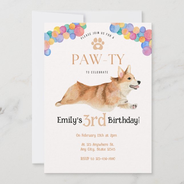 Corgi cumpleaños Invitación de Pawty (Anverso)