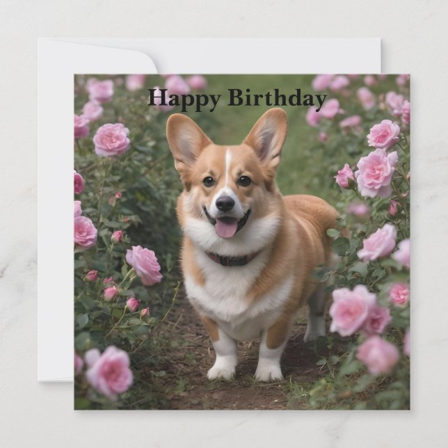 Corgi En Las Rosas Rosadas, Tarjeta De Cumpleaños (Anverso)