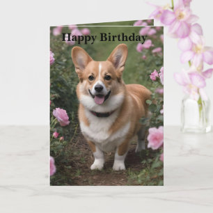 Corgi En Rosas Rosa, Tarjeta De Cumpleaños