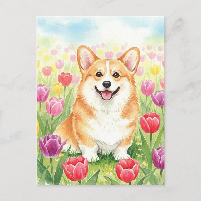 Corgi lindo en la postal de Tulips (Anverso)