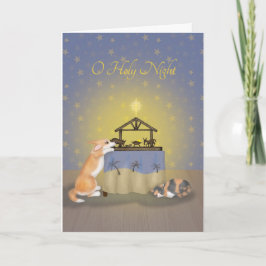 Corgi y gato con tarjeta de Navidades de la escena