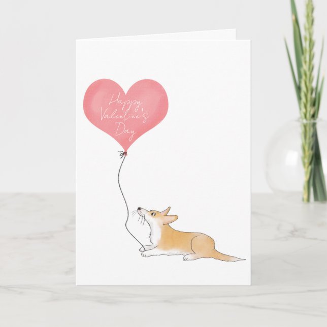 Corgi y globo tarjeta de San Valentín feliz (Anverso)