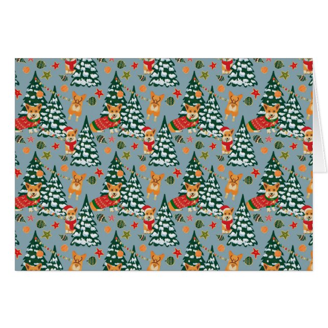 Corgis decora el árbol de Navidad en bosque (Anverso (Horizontal))