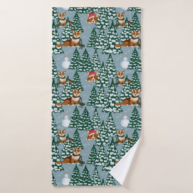 Corgis decora el árbol de Navidad en Forest Blue (Toalla de baño)