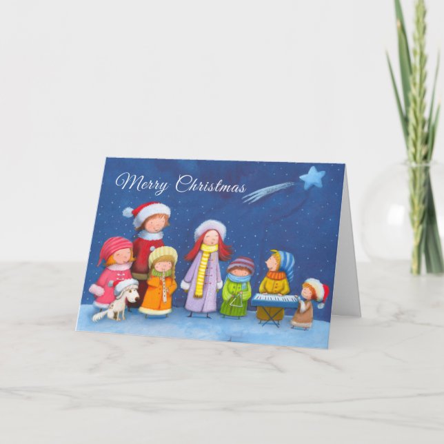 Coro infantil Navidad, tarjeta de vacaciones plega (Anverso)
