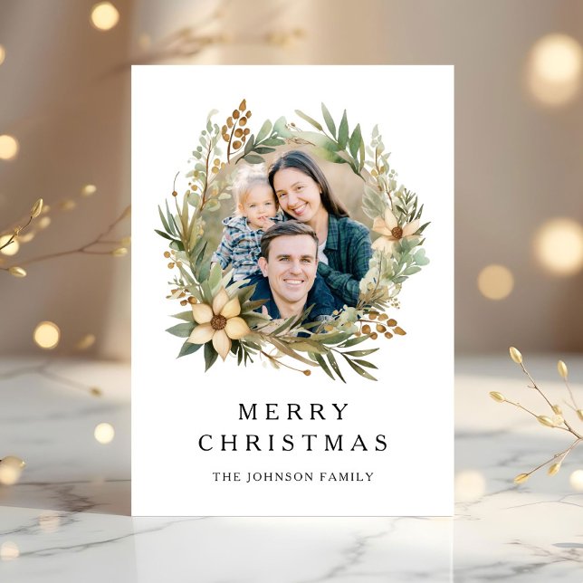 Corona botánica festiva Foto Navidad (Christmas 1 Photo Arch Watercolor Botanical Holiday Card)