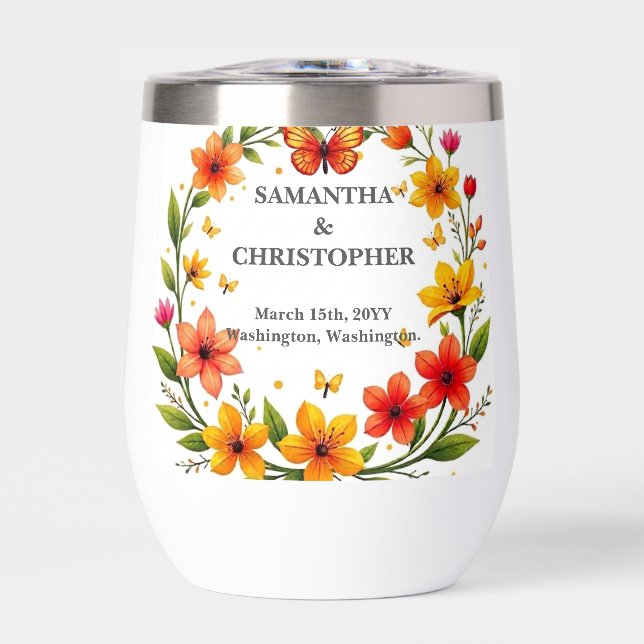 Corona de boda de mariposas florales con texto per (Frente)