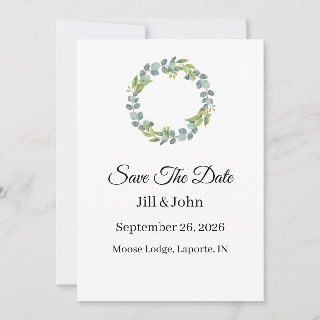 Corona de eucalipto vertical para boda Save the Da (Anverso)