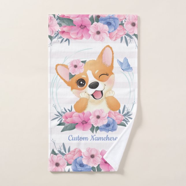 Corona de flores de perro Corgi lindo mariposa azu (Toalla de mano)