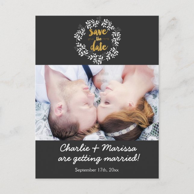 Corona de Hoja Rústica SALVA LA FECHA Tarjeta Post (Anverso)