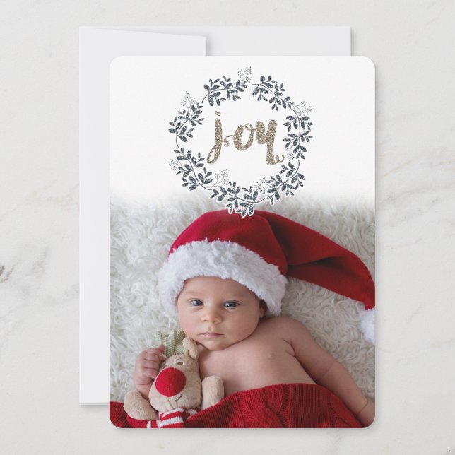 Corona de hojas JOY Rústica tarjeta de foto festiv (Anverso)