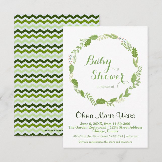 Corona de hojas verdes Chevron - Invitación para b (Anverso / Reverso)
