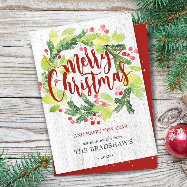 Corona de Navidad de acuarela de invierno con vege (Rustic Christmas Watercolor Winter Greenery Berry Wreath Holiday Card)