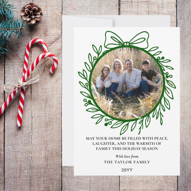 Corona de Navidad de Arco Dibujado a Mano Verde El (Elegant Green Hand Drawn Bow Wreath Christmas Holiday Card
)