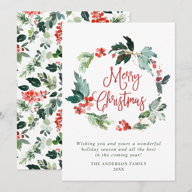 Corona de Navidad de Bayas de Acebo Festiva Saludo (Anverso / Reverso)