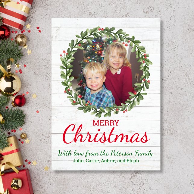 Corona de Navidad para granja (Christmas Card with holly wreath and photo)
