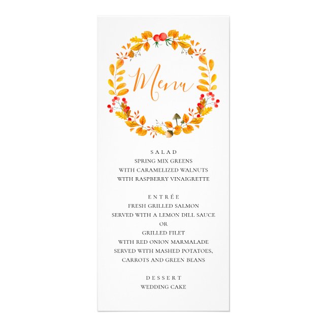 Corona de otoño amarilla. Menú de cena de boda de  (Frente)