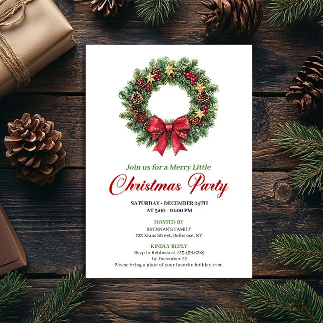 Corona de pino chic Invitación de fiesta de Navida (Chic Pine Wreath Festive Christmas Party Invite)