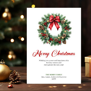 Corona de pino clásica Tarjeta de Navidad en acuar