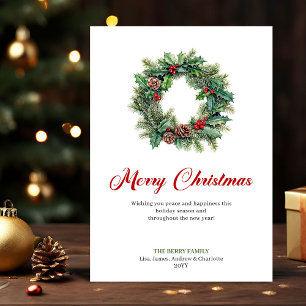 Corona de pino clásica Tarjeta de Navidad Feliz Na