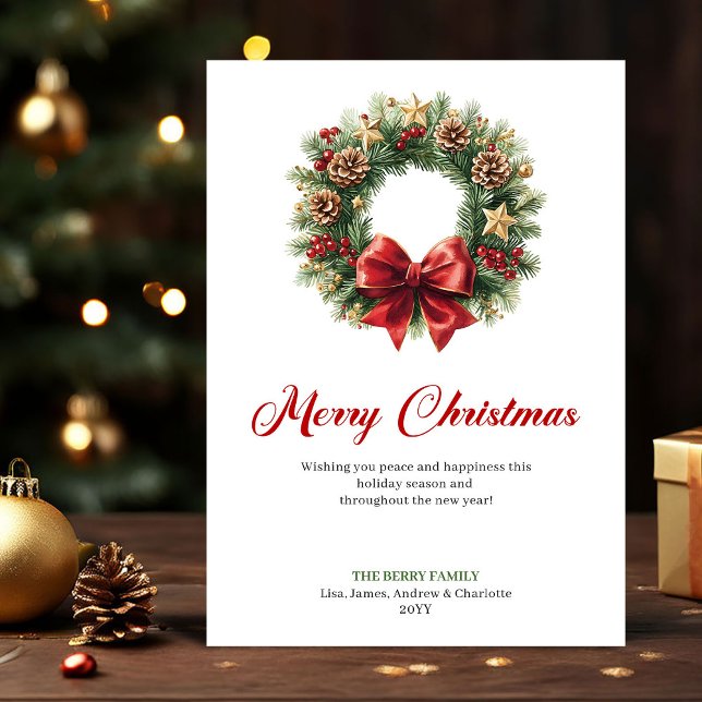 Corona de pino festiva Tarjeta de Navidad imprimib (Festive Pine Wreath Christmas Greeting Printable Holiday Card)