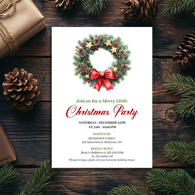 Corona de pino roja verde chic Tarjeta de Navidad (Chic Red Green Pine Wreath Christmas Party Card)