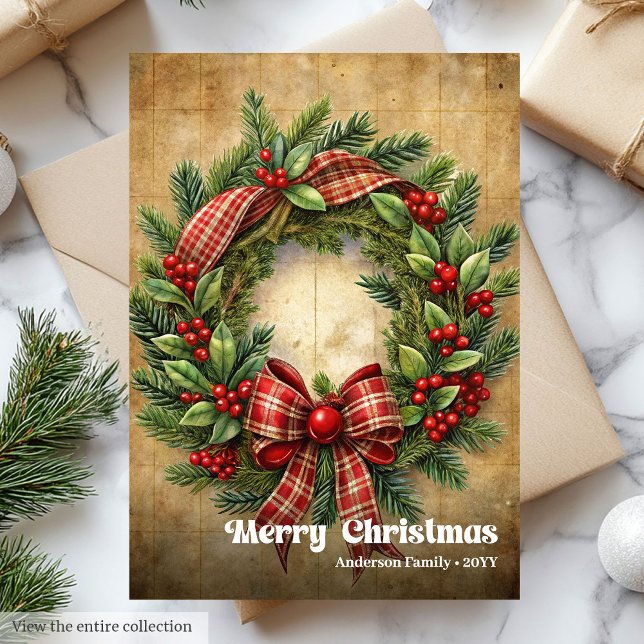 Corona de pino rústica tradicional de Navidad mode (Modern Christmas rustic traditional pine wreath Holiday Card)