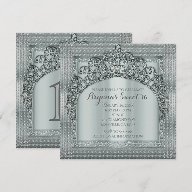Corona de Tiara de Plata y Invitaciones con Brilla (Anverso / Reverso)