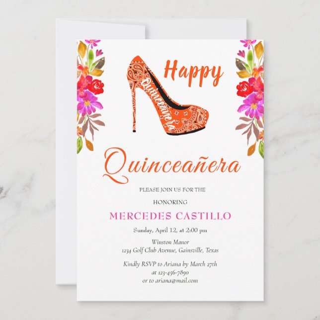 Corona floral boho rosa Invitación Quinceañera (Anverso)
