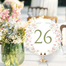 Corona floral de boda con número de mesa en rosa r
