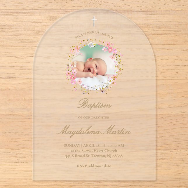 corona floral foto | Invitación de Bautizo (Anverso)