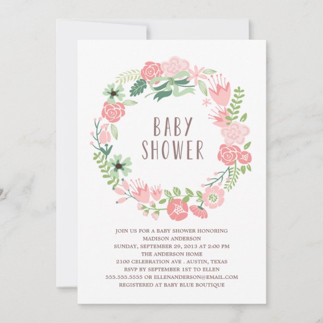 Corona floral | Invitación para baby shower (Anverso)