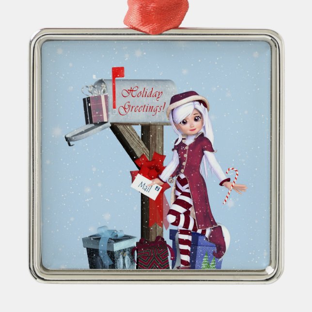 Correo Portadora Elf Buzón Regalos Plata Ornamento (Frente)