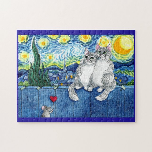 Corta pareja de gatos, rompecabezas Starry Night d (Horizontal)