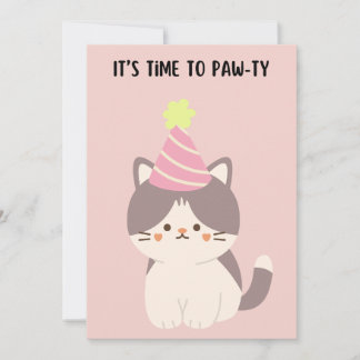Cortar gato con tarjeta de cumpleaños gorra fiesta