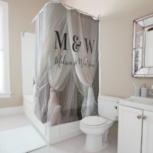 Cortina Boda blanca: guión divertido de monograma 