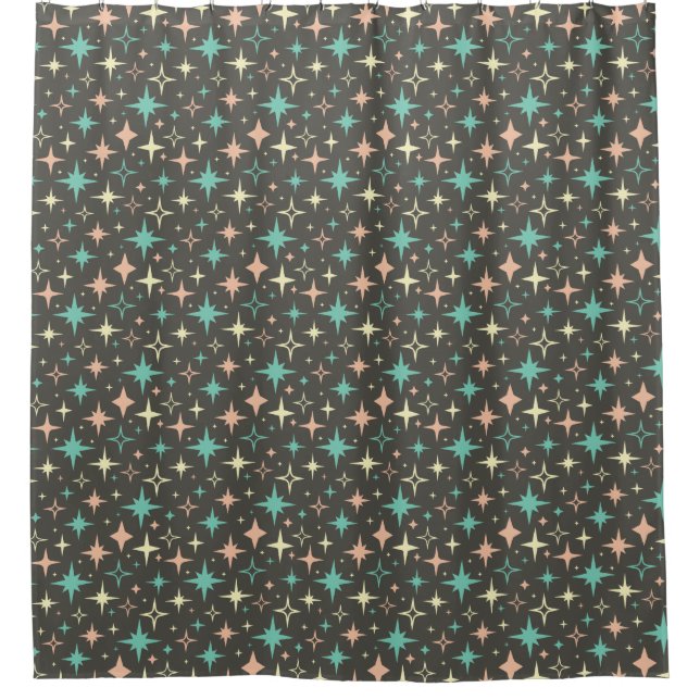 Cortina De Ducha 1950s Atomic Stars Pink Blue Yellow Brown MCM (Anverso)