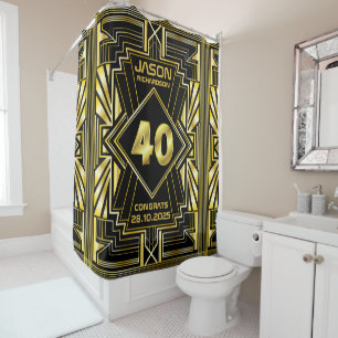 Cortina De Ducha 40 cumpleaños Art Deco Oro Gran Gatsby Negro