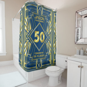 Cortina De Ducha 50 cumpleaños Art Deco Gold Blue Great Gatsby