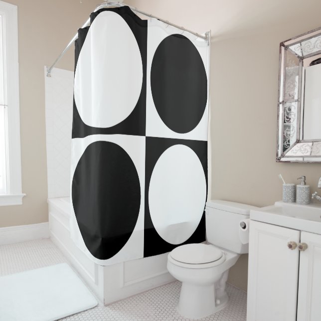 Cortina De Ducha 70s Checks and Circles Black and White (In situ)