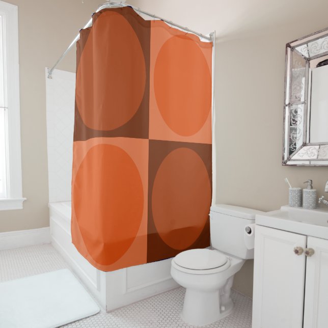Cortina De Ducha 70s Checks and Circles Flame Orange (In situ)