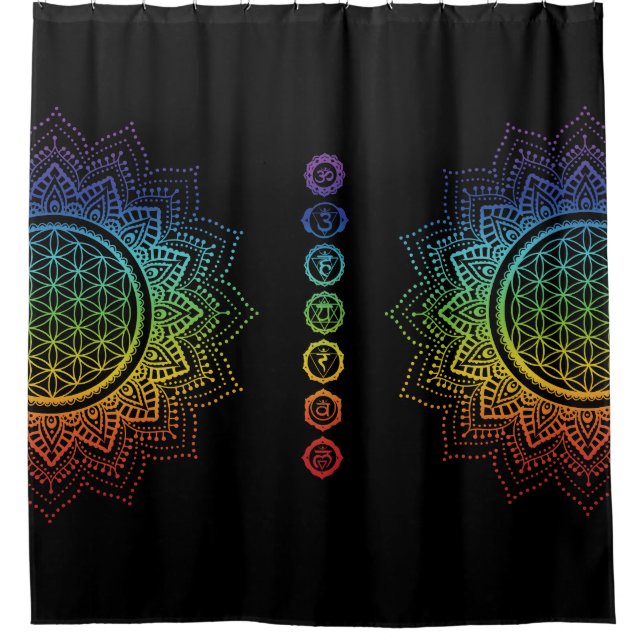 Cortina De Ducha 7 Chakras Flor de vida Mandala | Negro (Anverso)