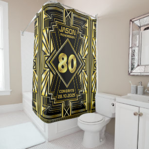 Cortina De Ducha 80.º cumpleaños Art Deco Oro Gran Gatsby Negro