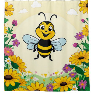 Cortina De Ducha Abeja Feliz En Flores Coloridas