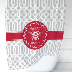 Cortina De Ducha Abeja Melífera Personalizada Roja y Gris