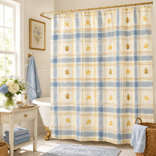 Cortina De Ducha Abeja Mielera Azul Plaid Encantador