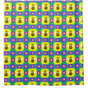 Cortina De Ducha Abejas de dibujos animados y flores