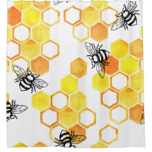 Cortina De Ducha Abejas de miel: Patrón de acuarela amarillo