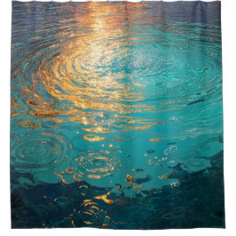 Cortina De Ducha Abstract Aqua Waves with Golden Sunlight