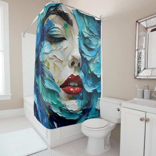 Cortina De Ducha Abstract art painting female face ocean waves (In situ)